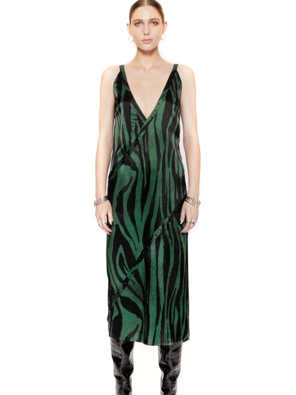 Rebecca Minkoff Green and Black Zebra-Print Midi Slip Dress